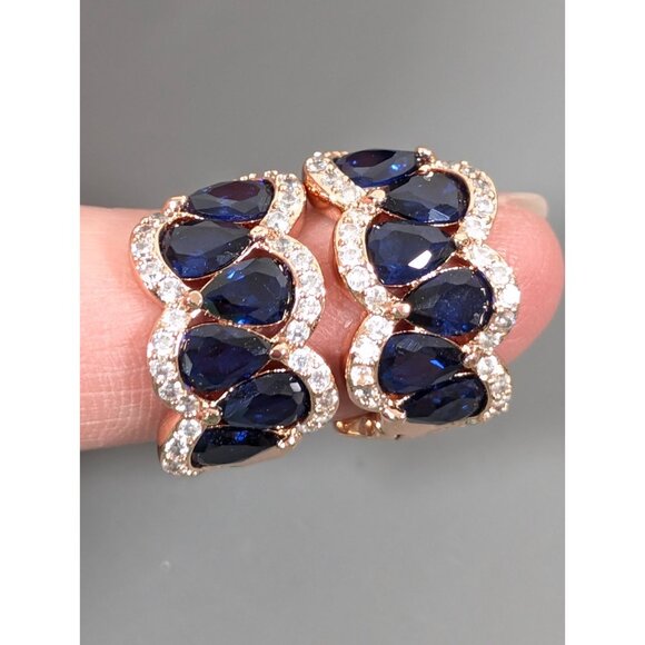 Bomb Party Faux Sapphire CZ Rose Gold Tone Hoop Huggie Earrings Pierced - Picture 7 of 10